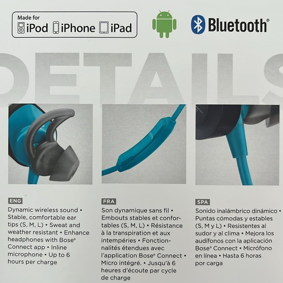 Bose Soundsport Wireless Sweat & Weather Resistant In-Ear Headphones Aqua NEW - Picture 4 of 5